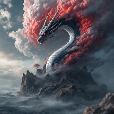 Primary subject: A dragon with red and pink colors, surrounded by a cloudy sky.

Setting/background: The dragon is standing on a rocky island, with a cloudy sky in the background.

Visual style: The image is a digital art or illustration, featuring a detailed and vibrant dragon.

Colors and mood: The dragon has a mix of red and pink colors, giving it a fierce and majestic appearance. The cloudy sky adds a dramatic